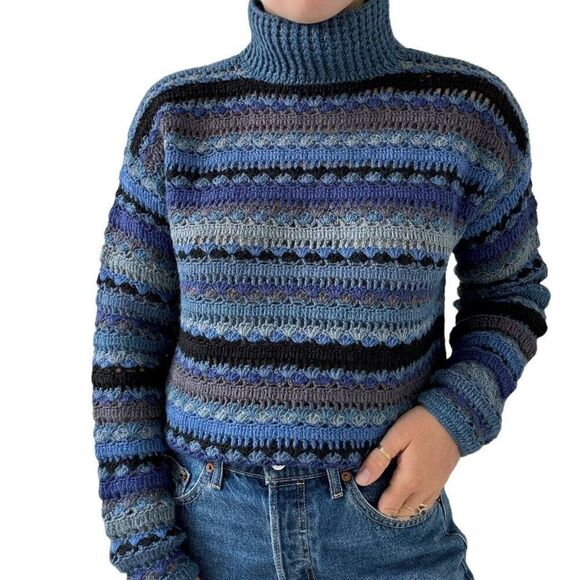 Hand Knit Crochet Blue 100% Llama Hand Made Mock Neck Hippie Sweater Sz M - Picture 6 of 8